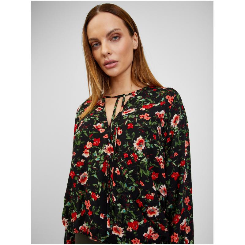 Červeno-černá dámská květovaná halenka