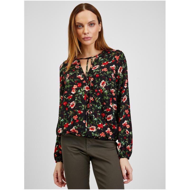 Červeno-černá dámská květovaná halenka