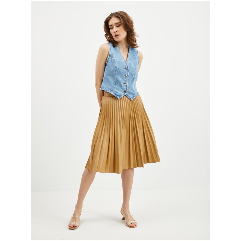 Světle hnědá dámská koženková plisovaná sukně