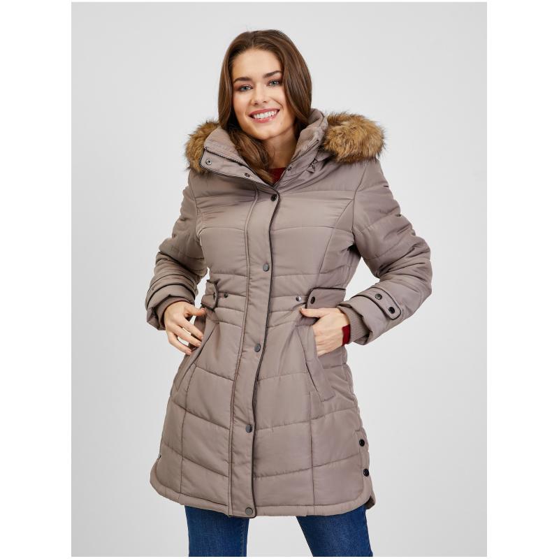 Hnedý dámsky prešívaný zimný kabát s odnímateľnou kapucňou s kožušinou 34