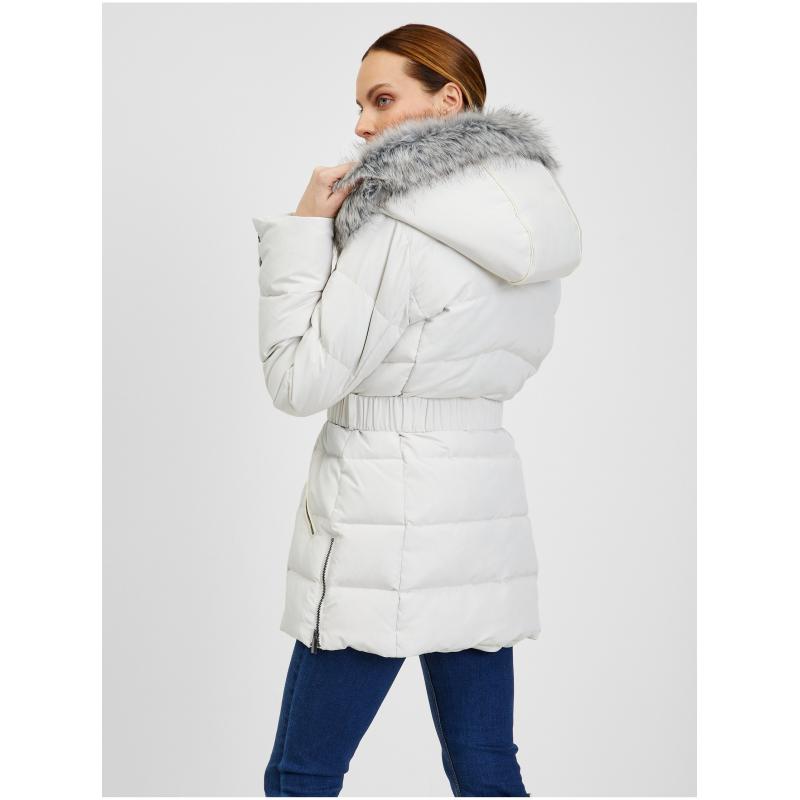 Krémová dámská zimní prošívaná bunda s páskem