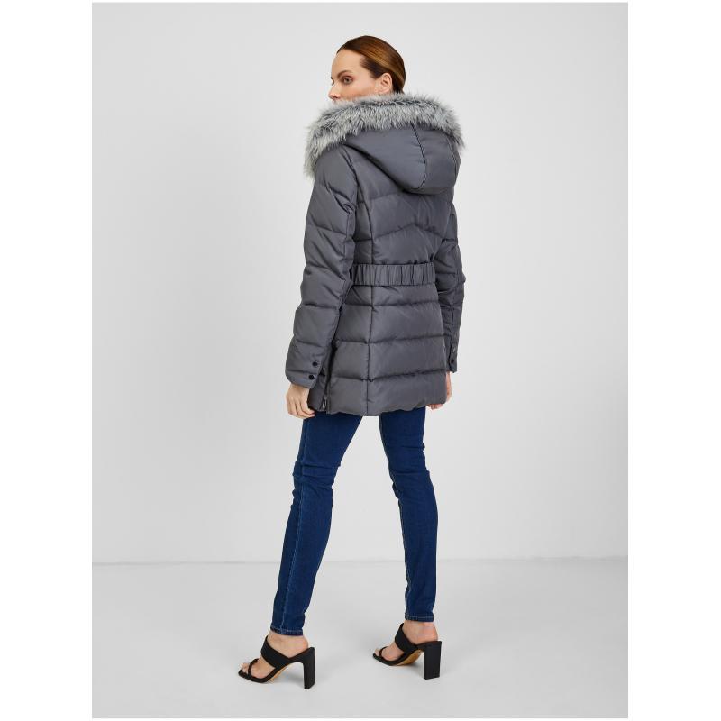 Tmavě šedá dámská zimní prošívaná bunda s páskem