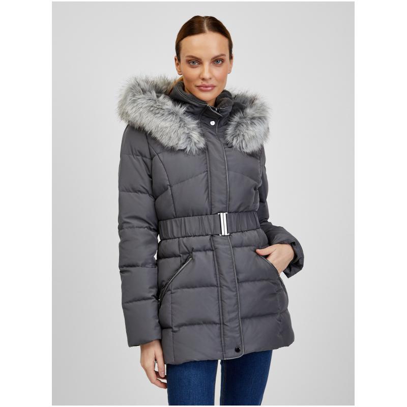 Tmavě šedá dámská zimní prošívaná bunda s páskem