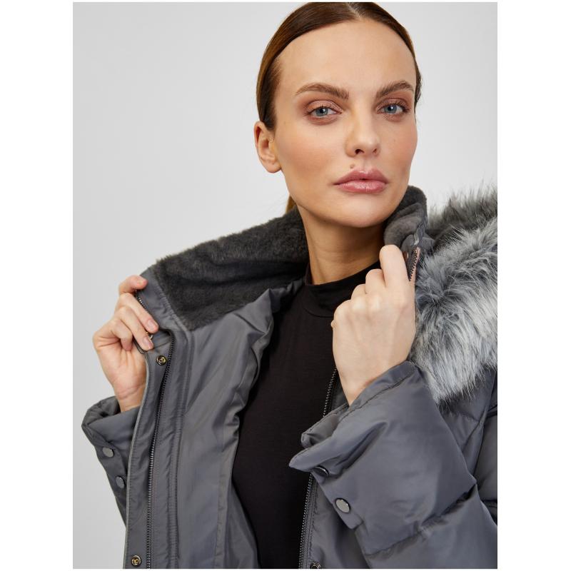 Tmavě šedá dámská zimní prošívaná bunda s páskem