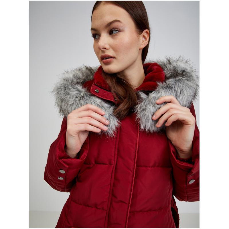 Vínový dámský péřový zimní kabát s kapucí a umělým kožíškem