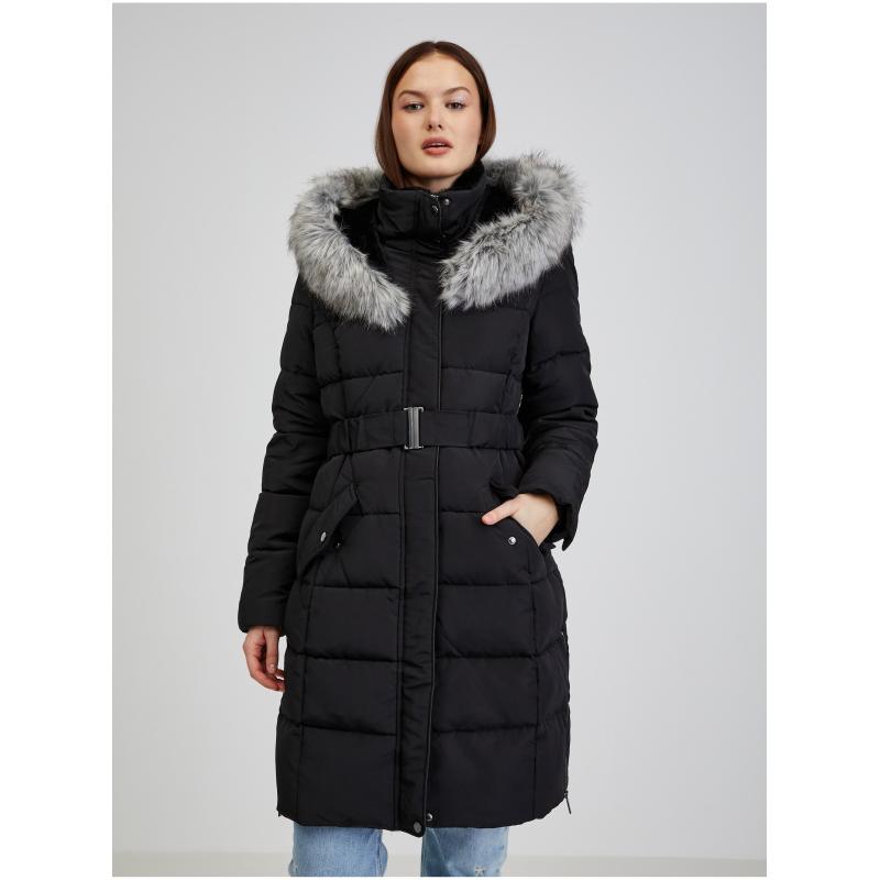 Čierny dámsky páperový zimný kabát s kapucňou a umelou kožušinou