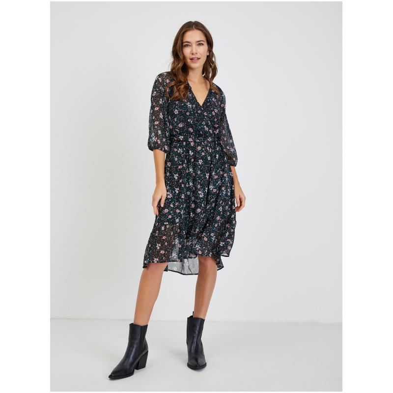 Čierne dámske kvetinové šaty so zaväzovaním