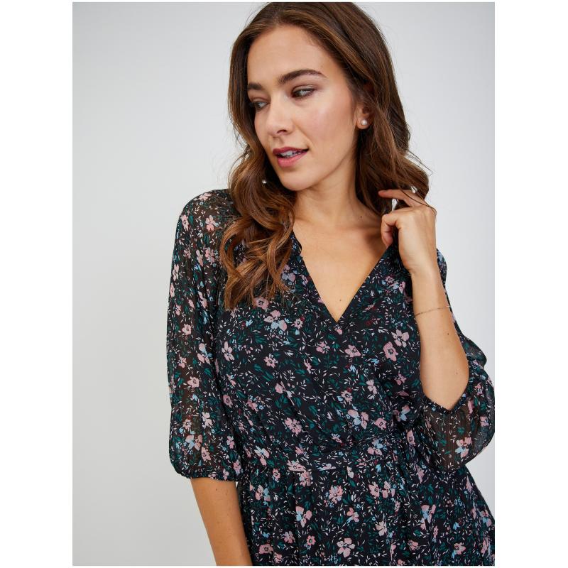 Čierne dámske kvetinové šaty so zaväzovaním