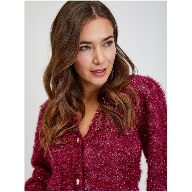 Vínny dámsky kardigán s kovovými niťami