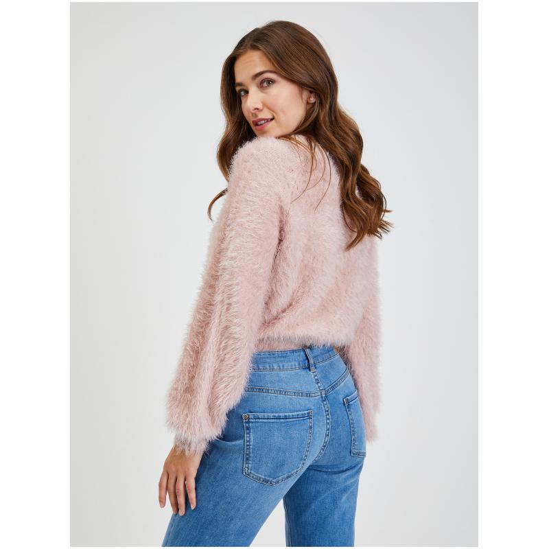 Ružový dámsky sveter s balónovými rukávmi