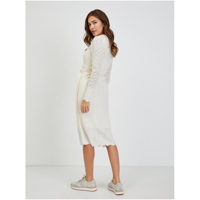 Krémové dámské děrované svetrové šaty se zavazováním