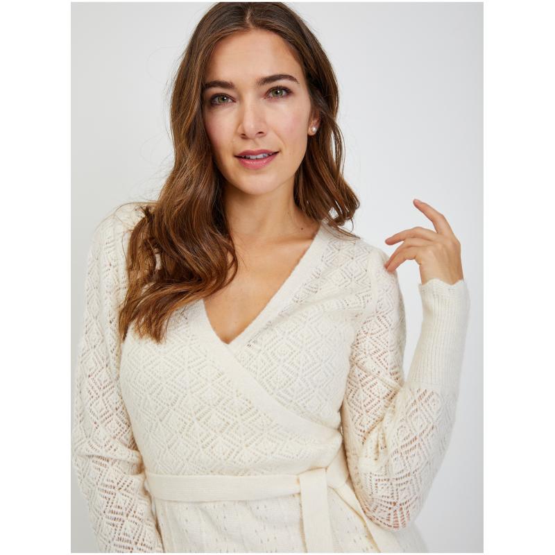 Krémové dámské děrované svetrové šaty se zavazováním
