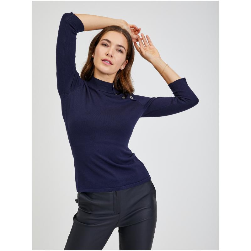 Tmavě modrý dámský svetr s ozdobnými knoflíky