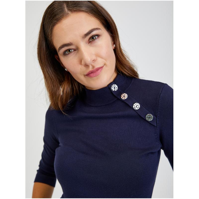 Tmavě modrý dámský svetr s ozdobnými knoflíky