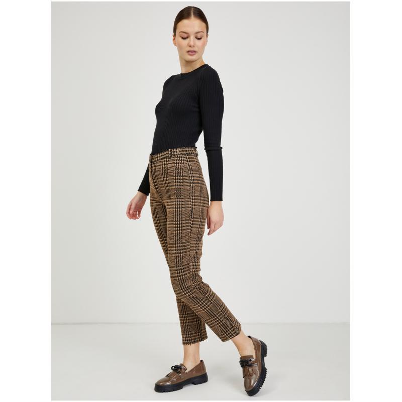 Hnedé dámske kárované nohavice