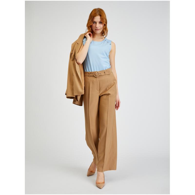 Hnedé dámske nohavice so širokým pásom