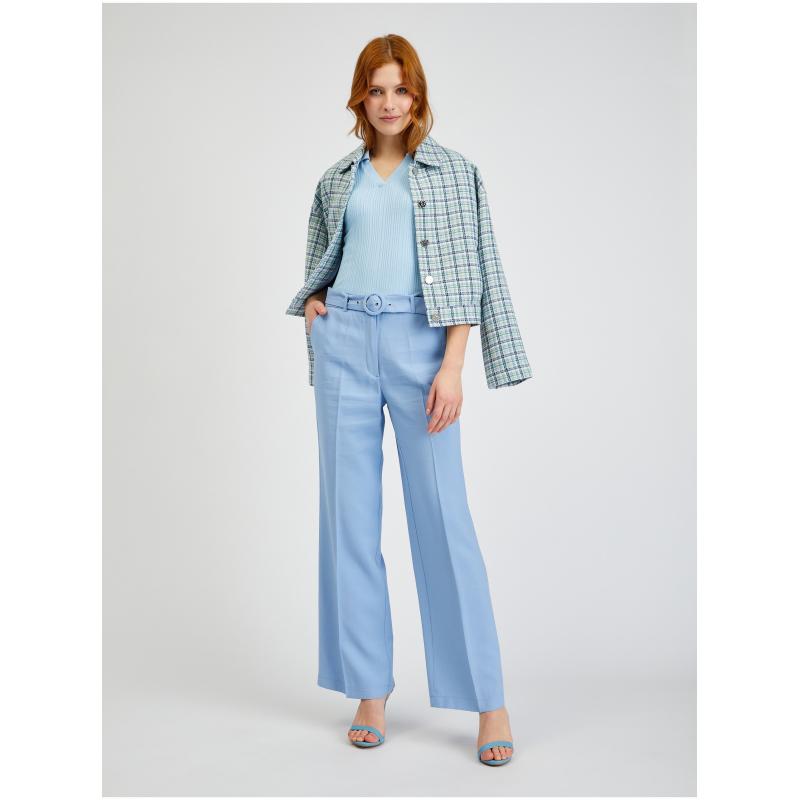 Svetlomodré dámske nohavice so širokým pásom a opaskom