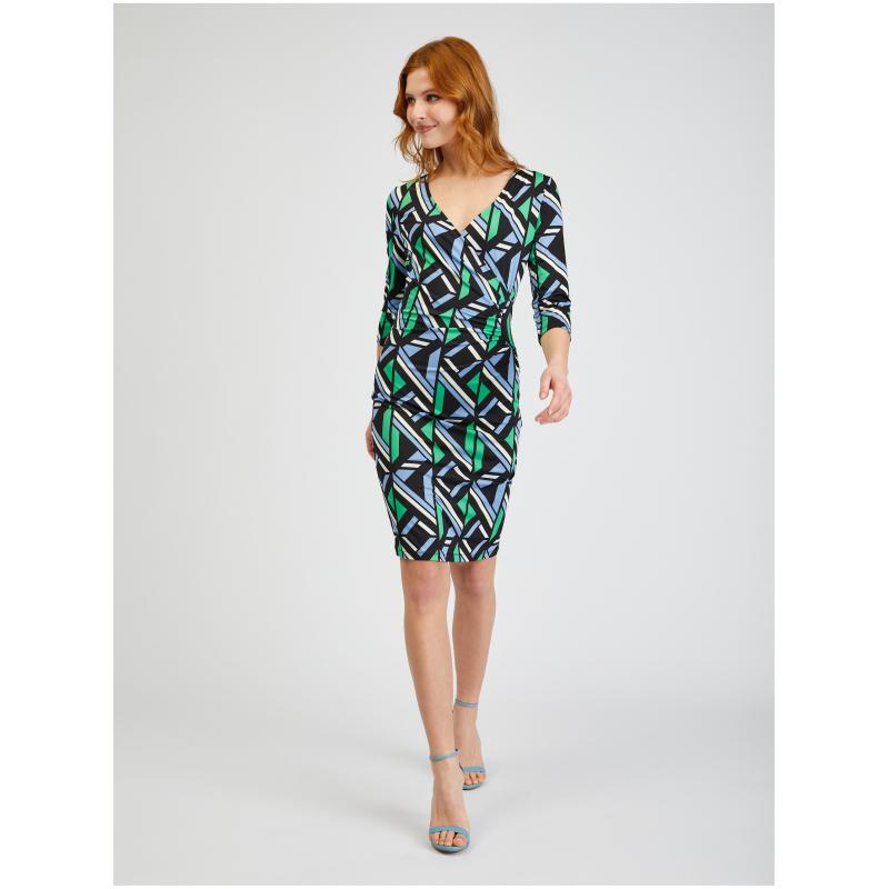 Zeleno-černé dámské vzorované pouzdrové šaty