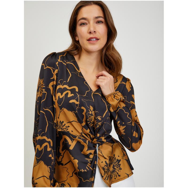 Hnedočierna dámska saténová kvetinová blúzka