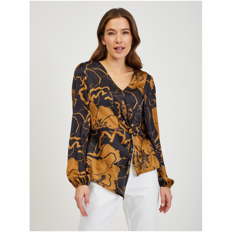 Hnedočierna dámska saténová kvetinová blúzka