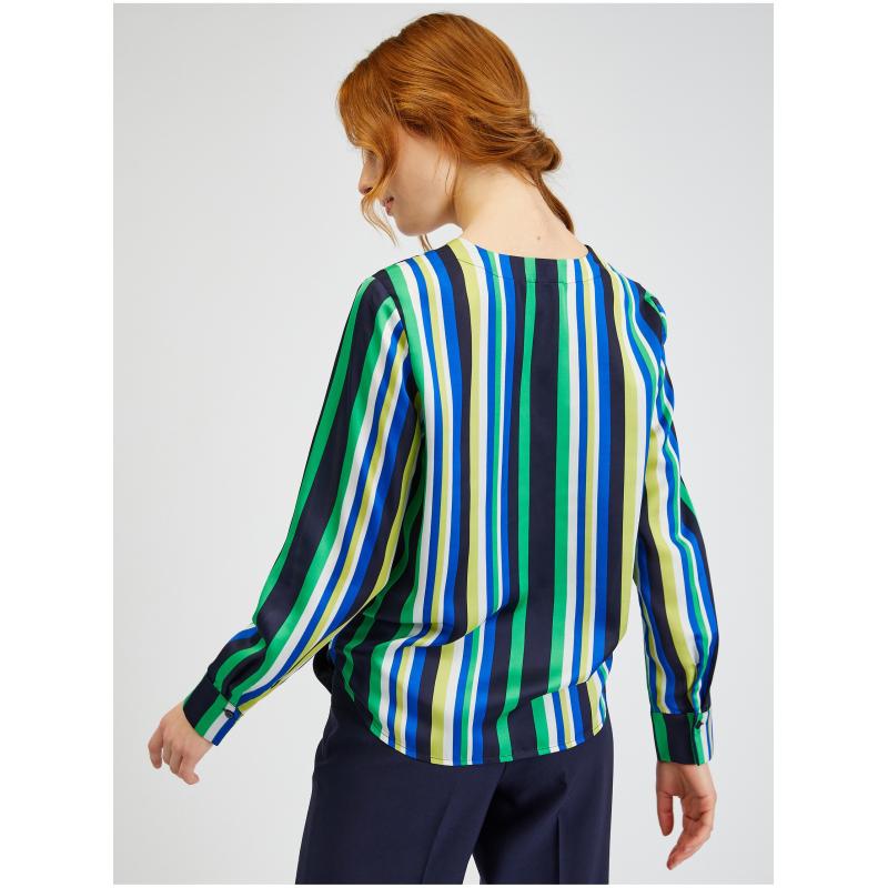 Modro-zelená dámská pruhovaná saténová halenka