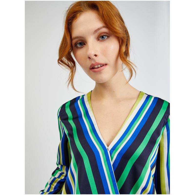 Modro-zelená dámská pruhovaná saténová halenka