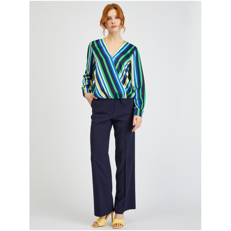 Modro-zelená dámská pruhovaná saténová halenka