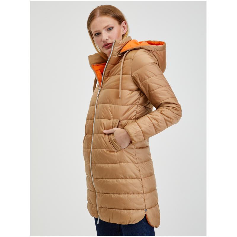 Világosbarna női téli steppelt kabát