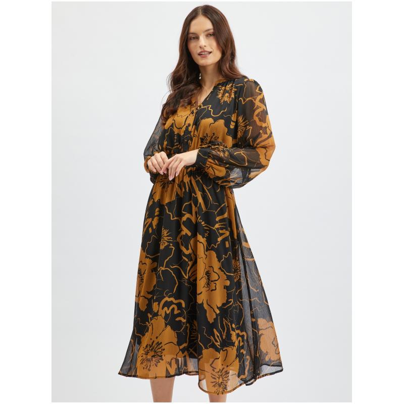 Hnědo-černé dámské květované midišaty