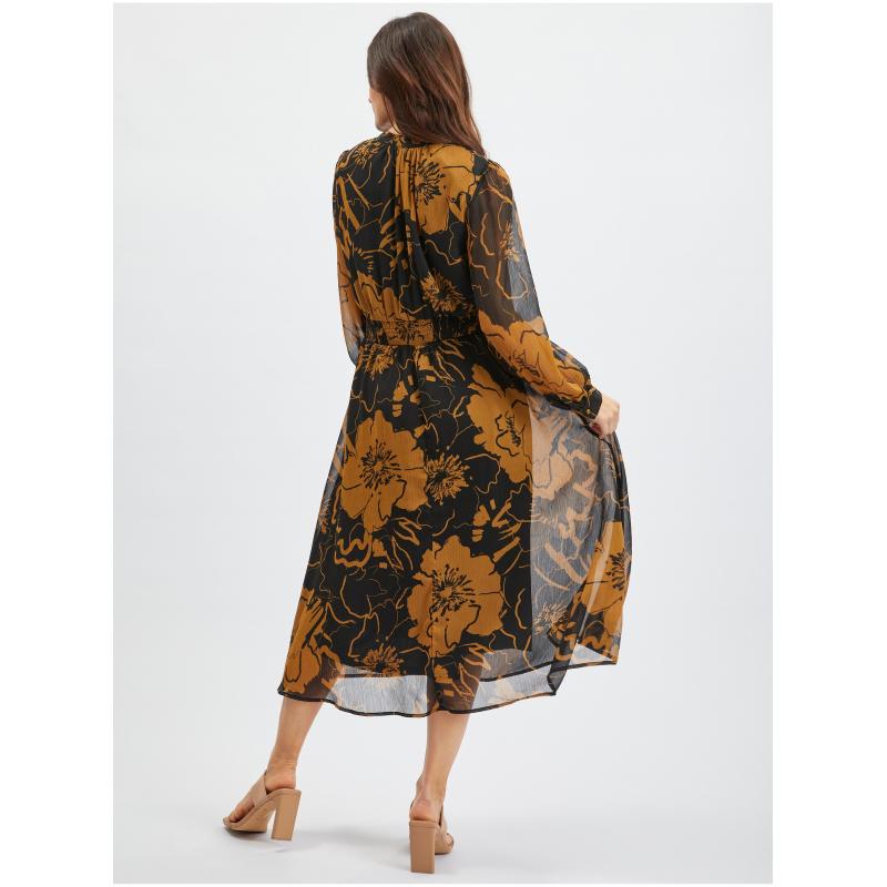 Hnědo-černé dámské květované midišaty