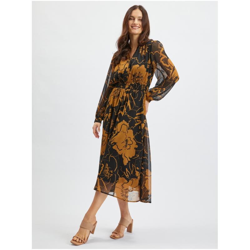 Hnědo-černé dámské květované midišaty