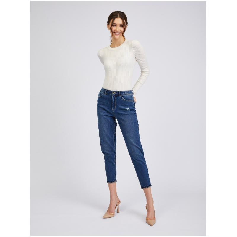 Tmavomodré dámske džínsy s výstrihom Mom Fit