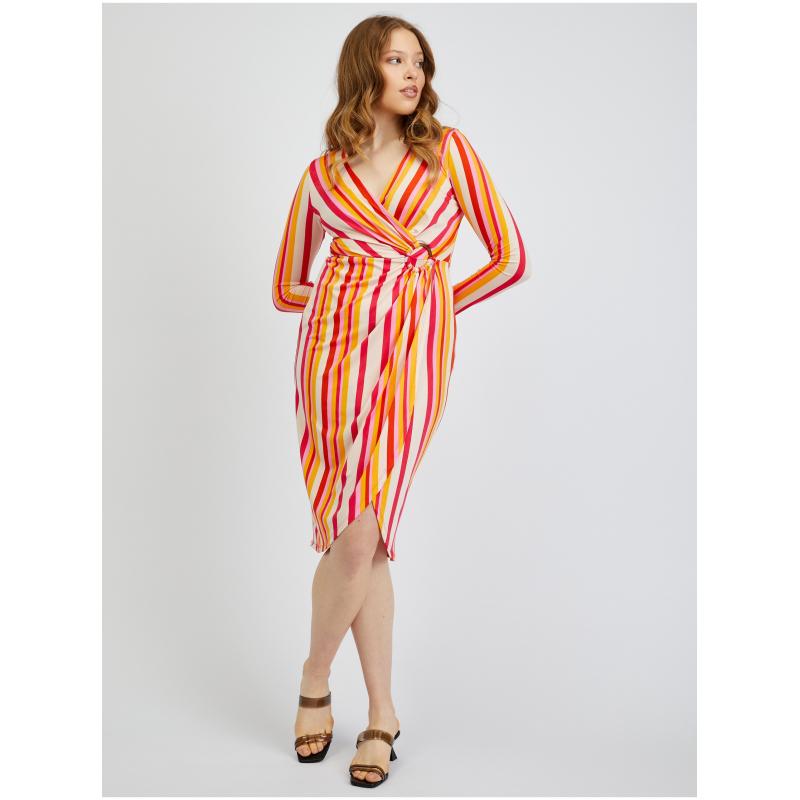 Červené a oranžové dámske pruhované šaty