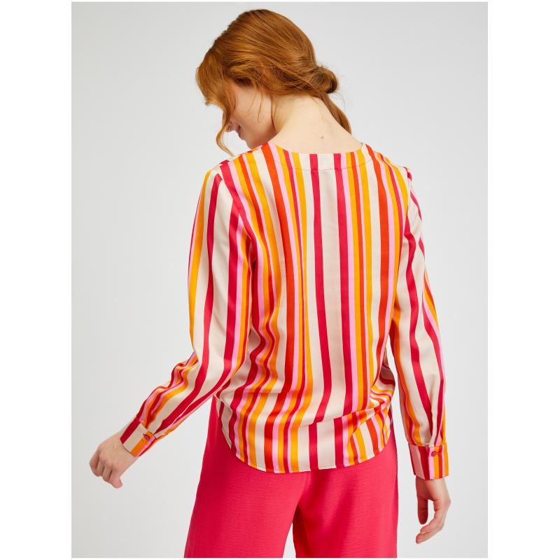 Rózsaszín és narancssárga női csíkos szatén blúz