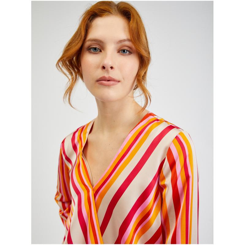 Rózsaszín és narancssárga női csíkos szatén blúz