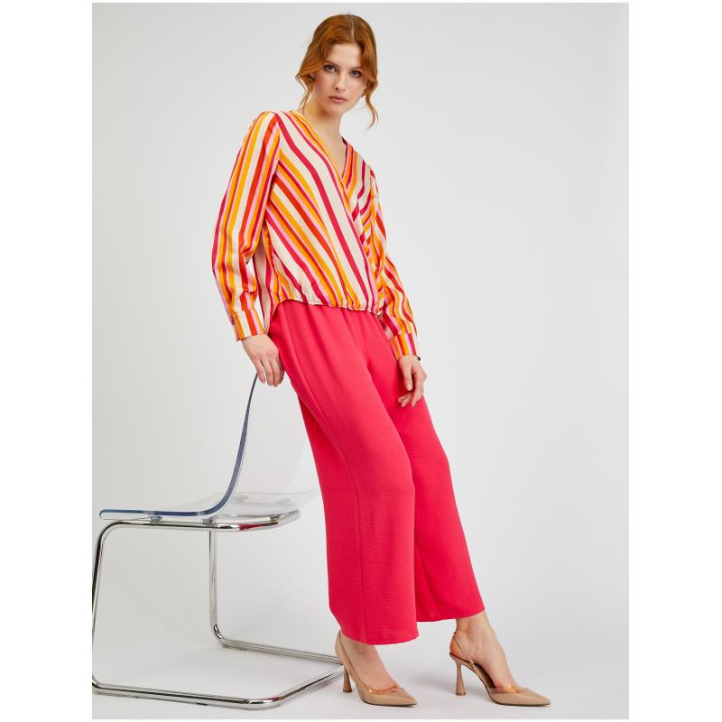 Rózsaszín és narancssárga női csíkos szatén blúz