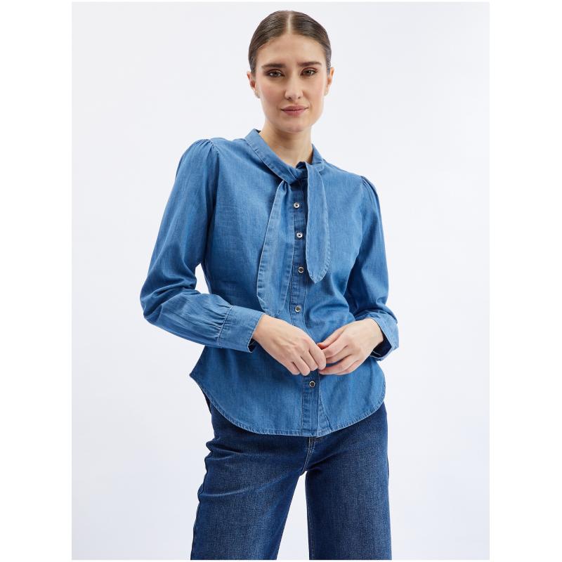 Modrá dámska džínsová košeľa s ozdobnými detailmi
