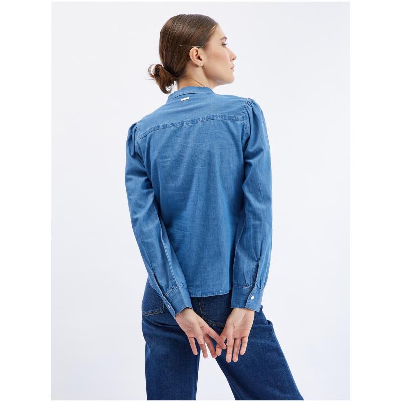 Modrá dámska džínsová košeľa s ozdobnými detailmi