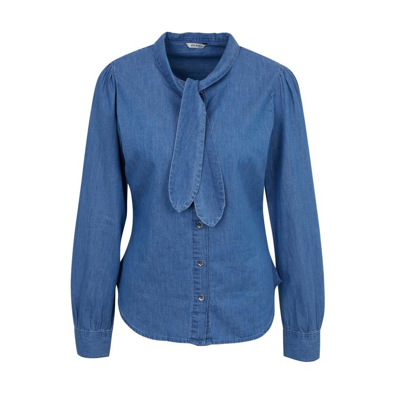 Modrá dámska džínsová košeľa s ozdobnými detailmi