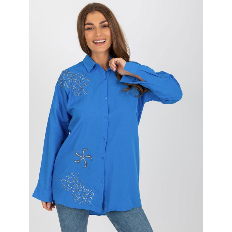 Dámska košeľa s výšivkou oversize KVETA tmavo modrá