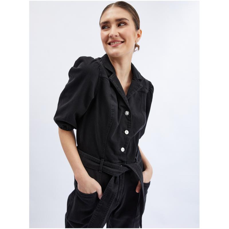 Fekete női farmernadrágos kezeslábas