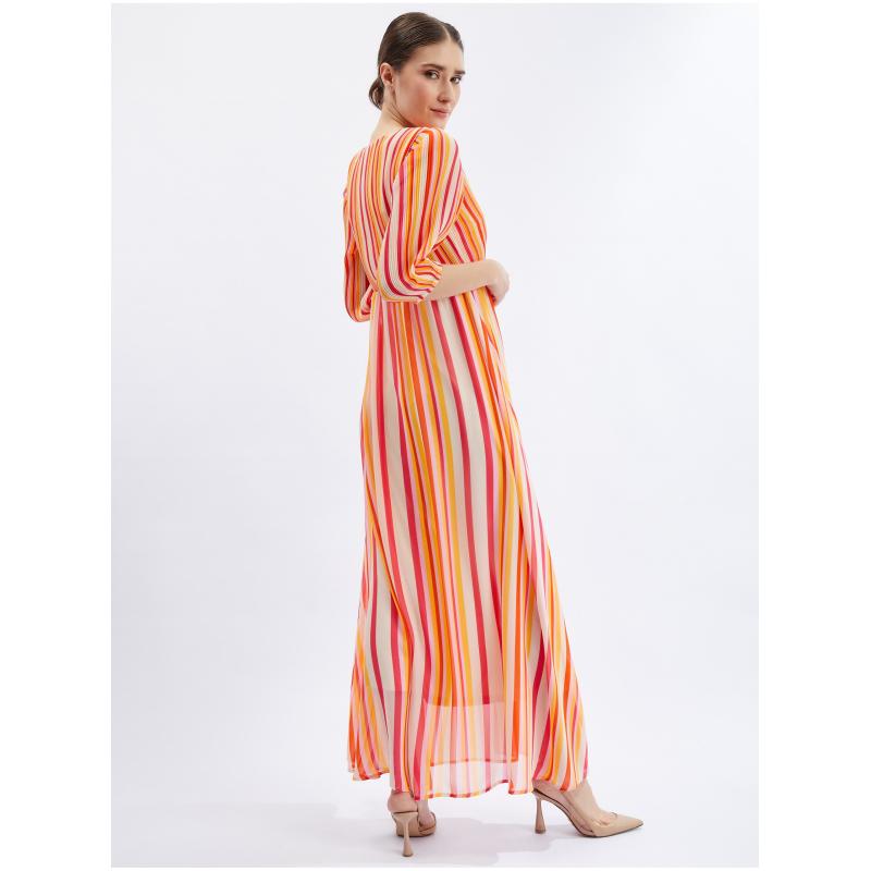 Ružovo-oranžové dámske pruhované maxi šaty