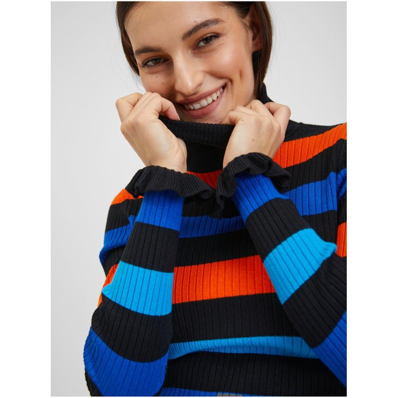 Oranžový a modrý dámsky pruhovaný sveter
