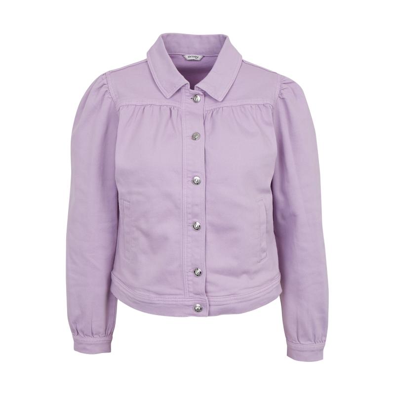 Világoslila női farmerdzseki fodros ujjakkal