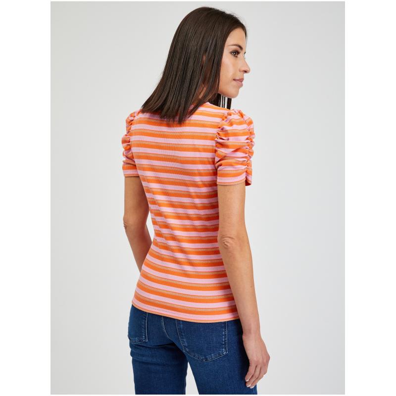 Růžovo-oranžové dámské pruhované tričko