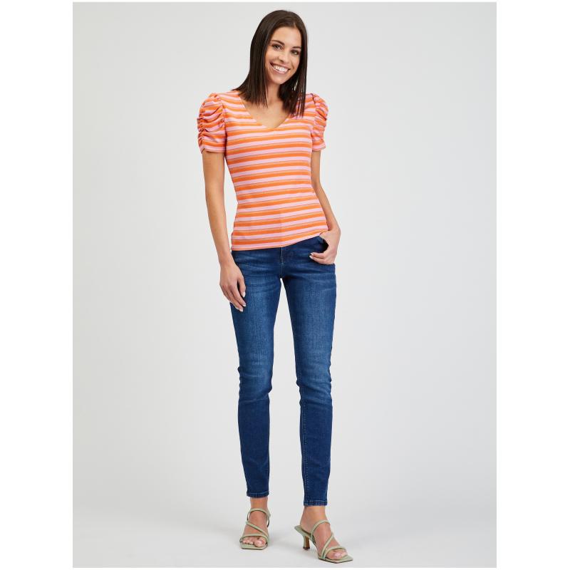 Růžovo-oranžové dámské pruhované tričko