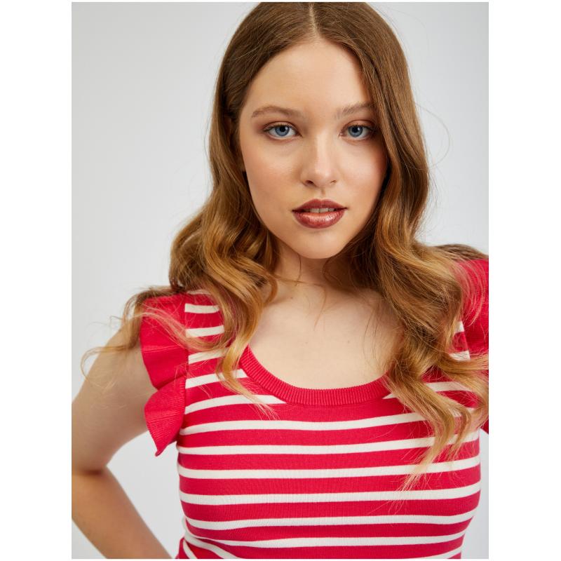 Bílo-růžové dámské pruhované tričko