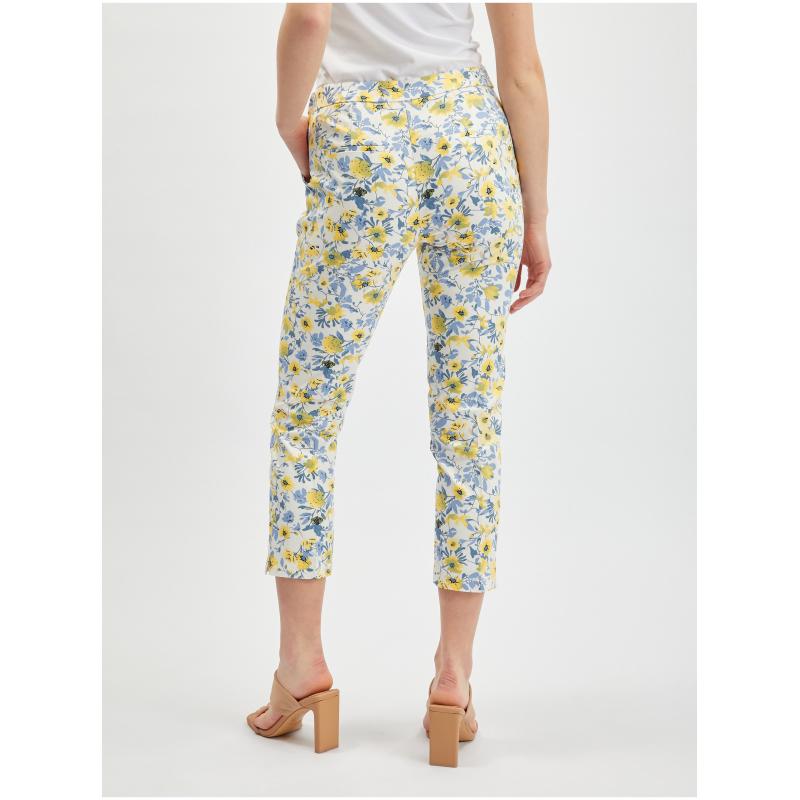 Žlto-biele dámske kvetované skrátené nohavice