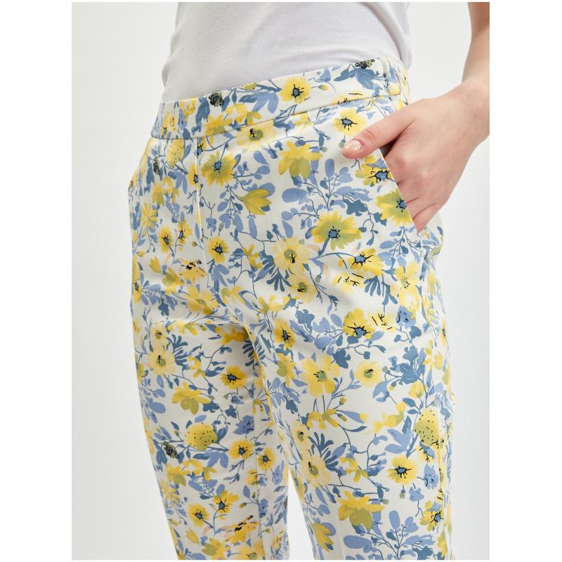 Žlto-biele dámske kvetované skrátené nohavice