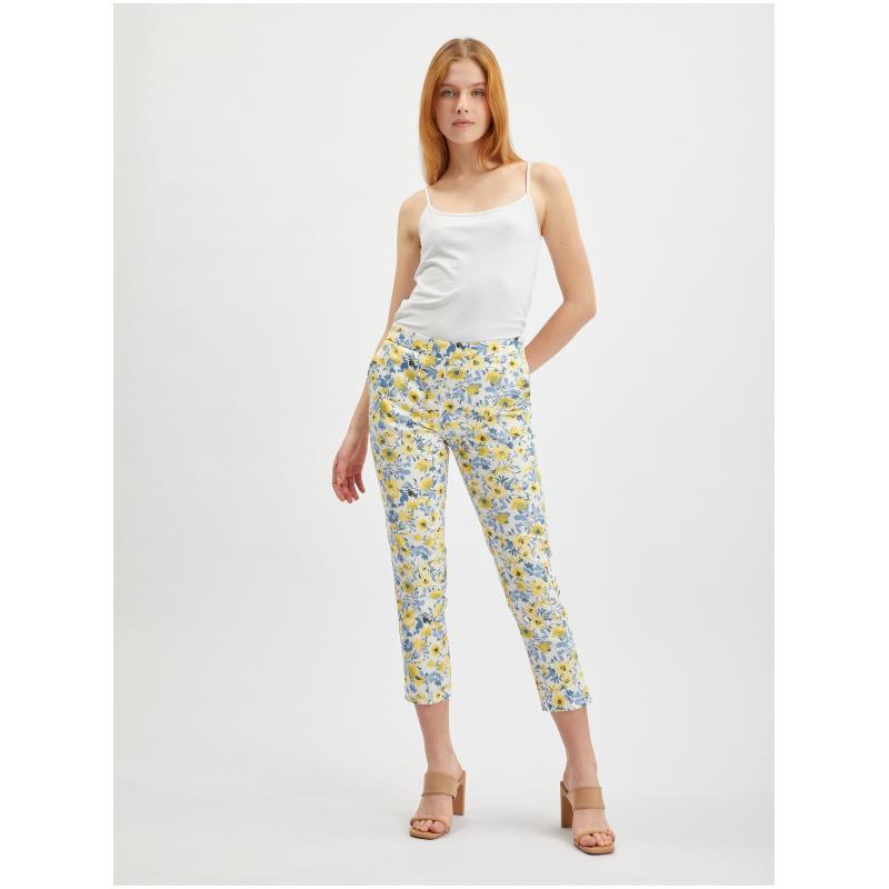 Žlto-biele dámske kvetované skrátené nohavice